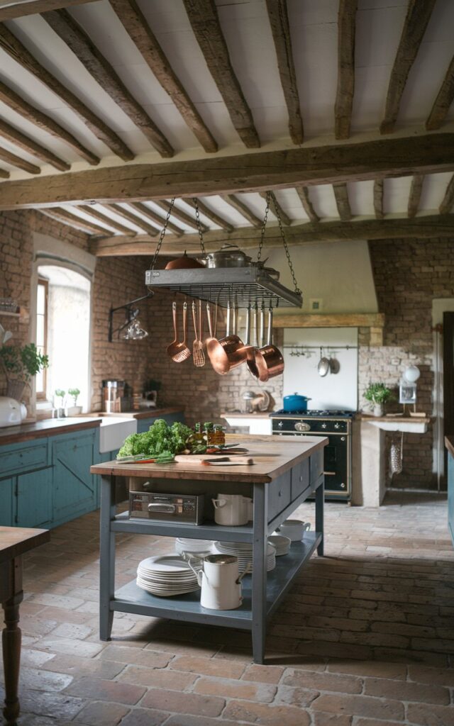 A photo of a rustic French countryside open-plan kitchen. There is a large island with a hanging pot rack above it. The pot rack holds a set of copper utensils. The island also has a cutting board, a knife, and a few fresh herbs. The walls are exposed brick. There are wooden beams across the ceiling. The floor is made of terra cotta tiles. The room has a soft, ambient lighting.