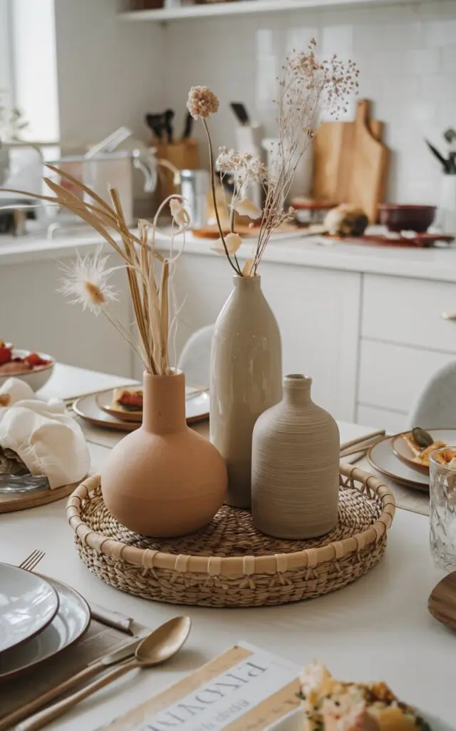 A photo of a Japandi-style kitchen with a dining table. At the center of the table, there are three ceramic vases: a matte vase with a bulbous shape, a glossy vase with a tall and slender shape, and a textured vase with a medium height. The ceramic vases have flowers, dried stems, etc. The vases are placed on a woven basket. The table has other essentials, such as cutlery, a cookbook, and food.