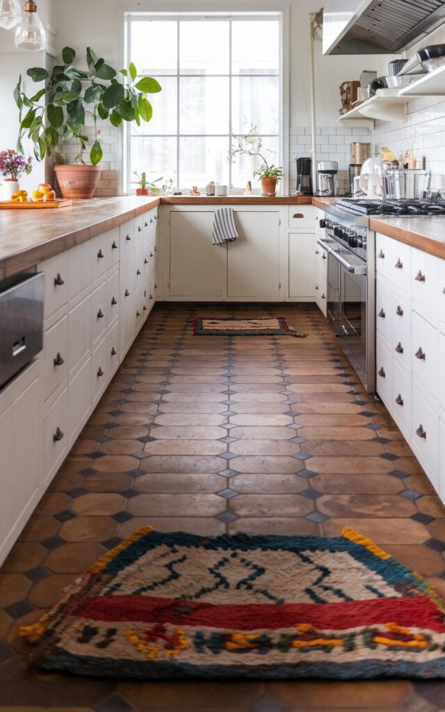 A Japandi modern luxurious kitchen having large-format tiled flooring with a unique rug. The kitchen feels open and airy. The kitchen is fully-furnished. Focus is on the large-format tiles.