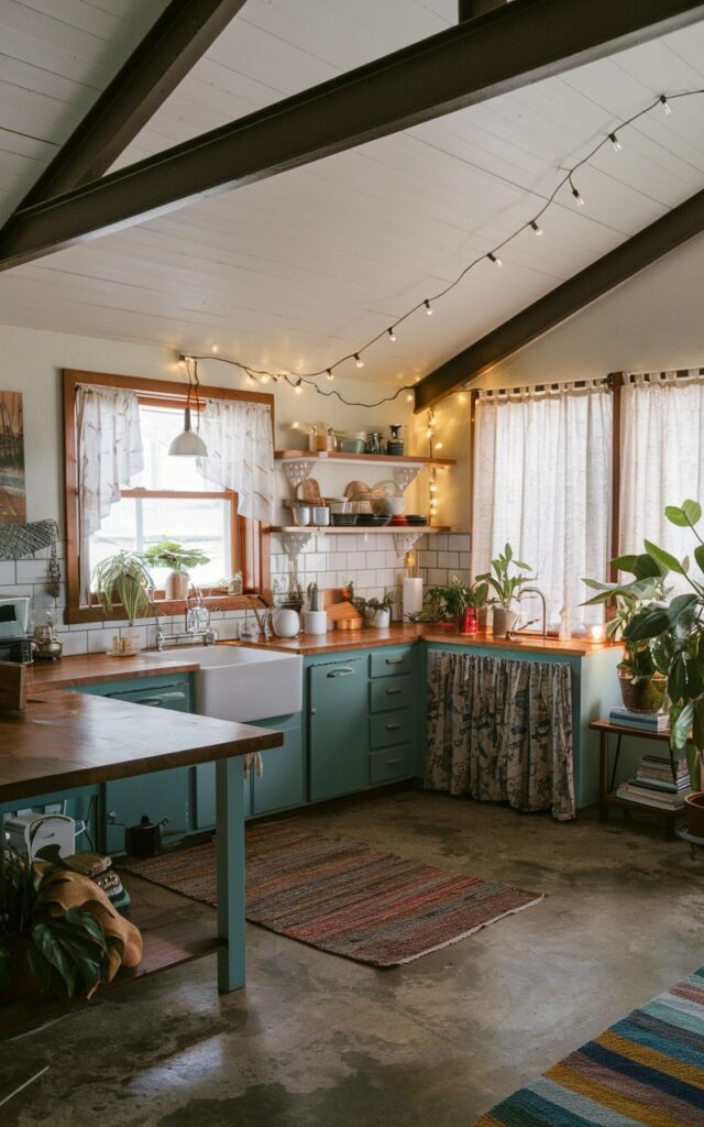A photo of a mid-century modern, open-plan kitchen with a vaulted ceiling. The kitchen has a concrete floor and a rug. There's a wooden countertop with essential kitchen items. Near the sink, there's a fairy light. The kitchen has curtains and green plants in appropriate places. The kitchen has an appealing look.