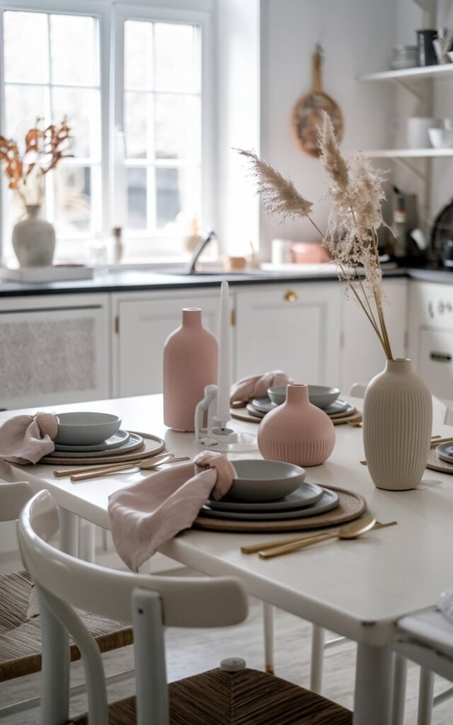 A photo of a Scandi + French Country kitchen with a dining table. The table has a monochrome soft pastel color theme. There are matte ceramics, linen napkins, and textured vases on the table. The table has other functional elements. The room is illuminated by natural light, which is diffused and soft.