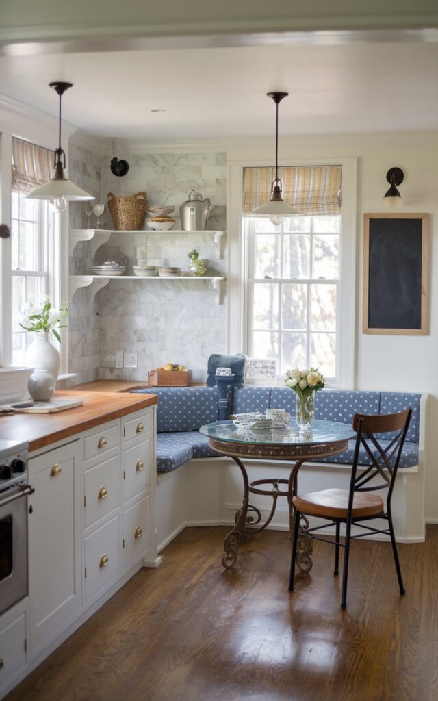A photo of a Craftsman and shabby chic-style L-shaped kitchen with a banquette dining area. The kitchen has a wooden countertops, a marble backsplash, and white cabinets. There's a vintage-style round table with a glass top and two chairs near the banquette. The banquette has a blue cushion with white polka dots. There are two pendant lights hanging over the table. The floor is made of wood. The walls have a few items, including a vase, a small basket, and a chalkboard. The room is filled with soft, filtered natural light.
