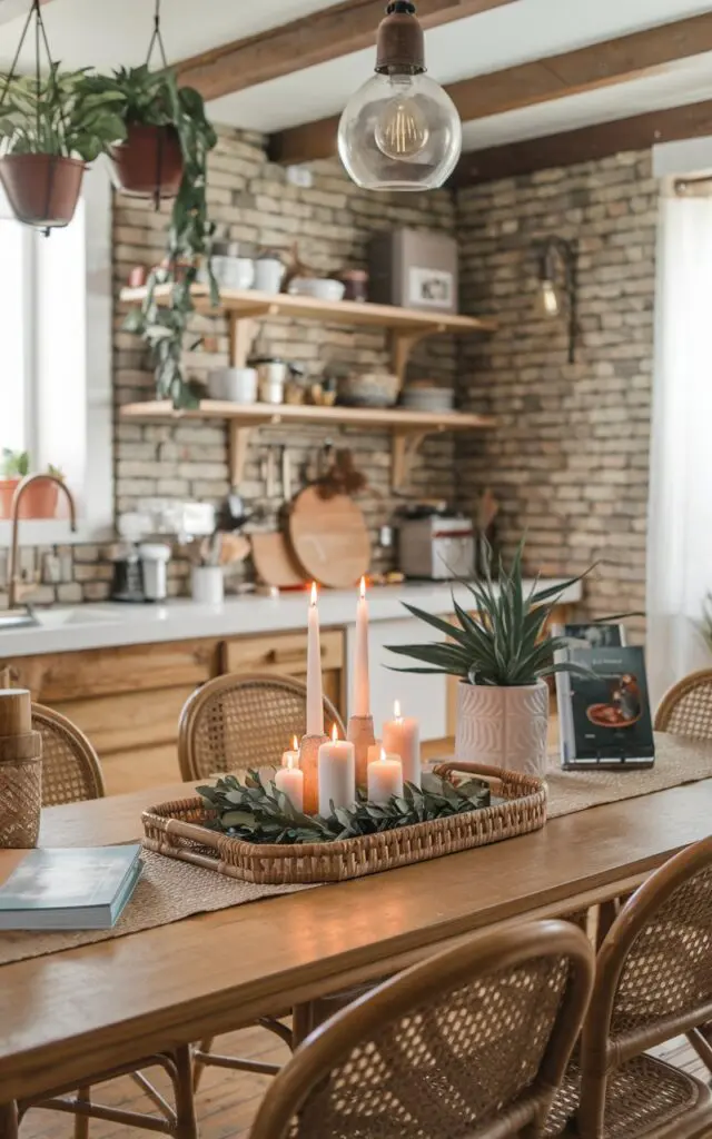 A photo of a boho-style kitchen with a rattan dining table. The table has a tray in the center with candles and greenery as a decorative centerpiece. There are also other essentials on the table, such as a plant, a cookbook, and a few utensils. The kitchen has a rustic charm with its exposed brick walls, wooden beams, and vintage lighting. There are also potted plants hanging from the ceiling.