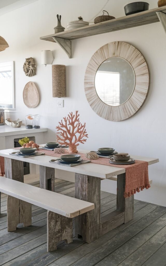 A photo of a bohemian-style coastal kitchen with a dining table. In the middle of the table, there is a coral-inspired resin sculpture. The table has functional items such as platters, bowls, and a table runner or placemats. The walls are adorned with decorative items, including a large, round mirror with a natural wood frame. There's a rustic wooden shelf above the table, holding a few items. The floor is made of weathered, gray wooden planks.