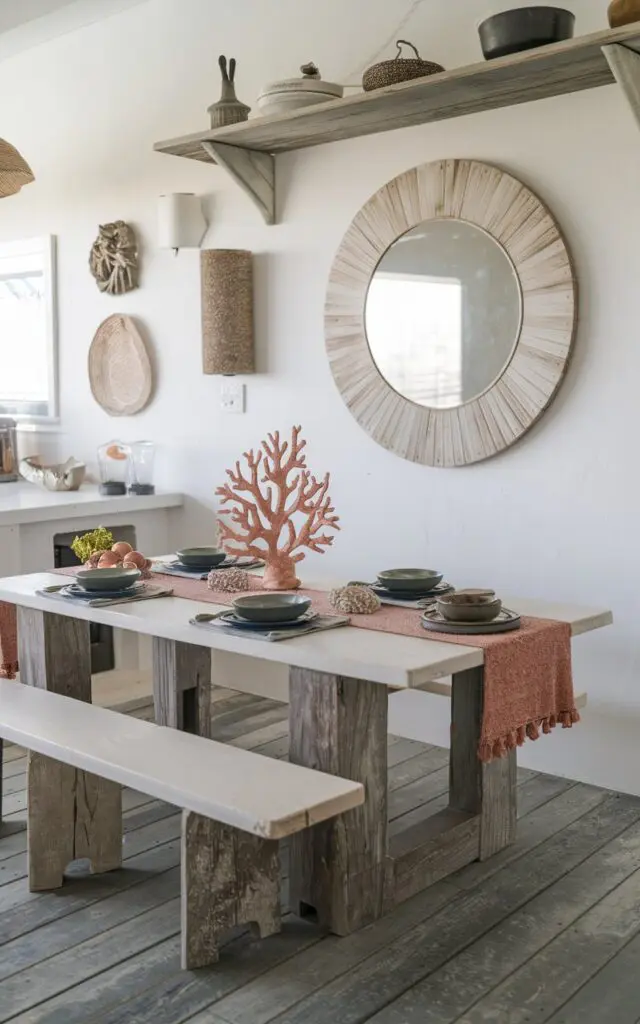A photo of a bohemian-style coastal kitchen with a dining table. In the middle of the table, there is a coral-inspired resin sculpture. The table has functional items such as platters, bowls, and a table runner or placemats. The walls are adorned with decorative items, including a large, round mirror with a natural wood frame. There's a rustic wooden shelf above the table, holding a few items. The floor is made of weathered, gray wooden planks.