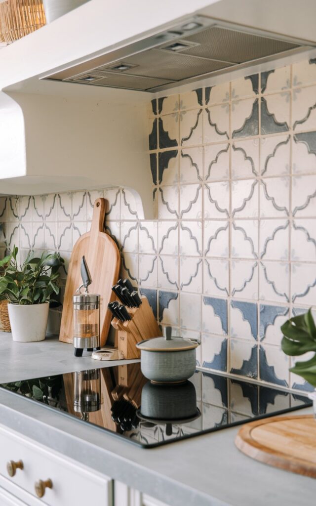 A coastal + boho kitchen countertop with a sleek, stylish induction cooktop with a vessel on it. The countertop has other essentials. Unique backsplash. Soft, even lighting.