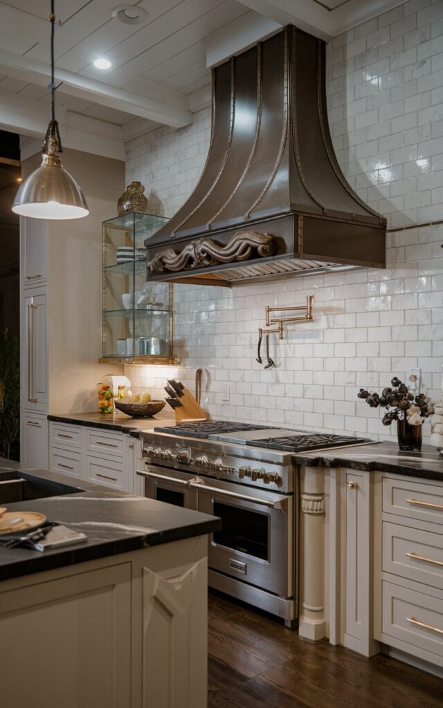 A photo of a contemporary kitchen at night. The kitchen has a luxurious look and is fully-furnished. There is a range hood with a sculpture design above the stove. The countertops are made of dark marble. There is a pendant light hanging above the stove. The backsplash is made of white tiles. The floor is made of dark wood.