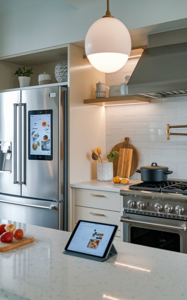 A photo of a contemporary kitchen with AI-powered gadgets and appliances. There's a smart fridge with a touch screen, a voice-activated cooking range, and a robot butler. The surface has a tablet with a recipe app. The lighting is soft and diffused.