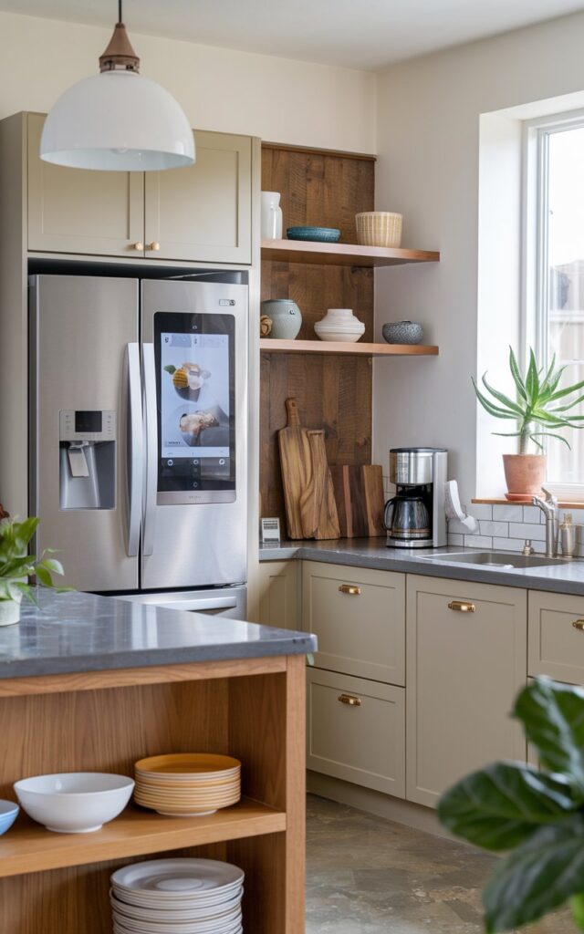 A photo of a contemporary kitchen with a smart fridge with a touchscreen and a built-in camera. The kitchen also has a smart oven with voice control, and a smart coffee maker. The kitchen has a wooden island with a stone top, and the cabinets are painted beige. There's a potted plant near the window.