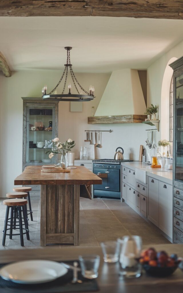 A photo of a contemporary, modern kitchen with rustic wooden elements. The kitchen has an open-plan design and is ergonomic. There is a stylish chandelier hanging above the island. The island has a rustic wooden countertop and a few stools. There are cabinets, a range hood, and a sink along the wall. The floor is made of tiles. The room has natural light and a soft ambiance.
