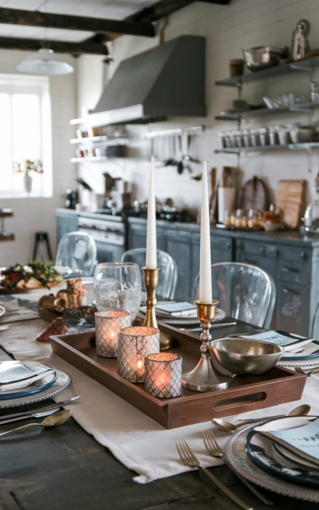 A long shot photo of a farmhouse with an industrial kitchen. There is a dining table in the kitchen. At the center of the table, there is a wooden tray with a brass candlestick, a sleek silver bowl, and delicate votives inside it. The table has cutlery, food, and a runner. There is a blend of metal, glass, and wood decor.