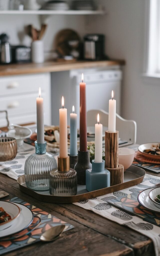 A photo of a farmhouse kitchen with a retro dining table. The table has a mix of tall and short candles placed in a tray as the centerpiece decor. Each candle has a different candle holder (glass, metal, wood). The candles have different textures and colors. The dining table also has printed coasters, a runner, and food. The background is a blurred view of the kitchen.