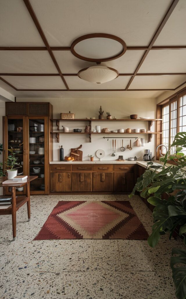 A photo of a fully furnished Japandi kitchen in an open-plan layout with a terrazzo floor. The kitchen has a unique and attractive ceiling, lighting, and rug. There are wooden elements, including a cabinet, shelves, and a table. There is a green plant near the window. The lighting is soft and medium natural light.