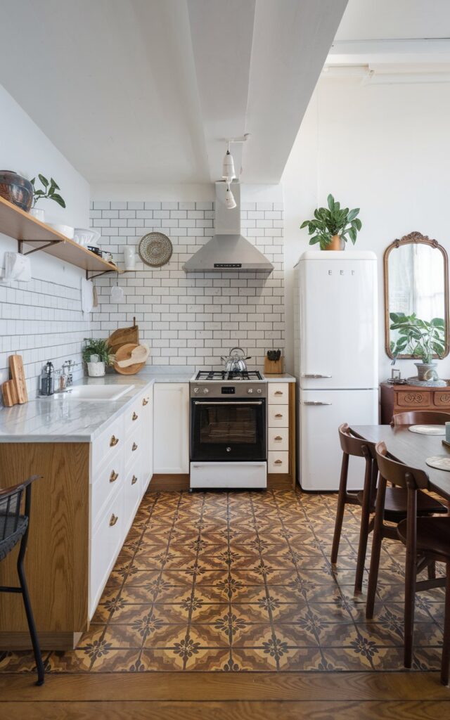 A photo of a fully furnished L-shaped Japandi kitchen with a bold, patterned vintage-inspired floor tile. The kitchen has a wooden floor, white cabinets, and a marble countertop. There's a stove, oven, refrigerator, and sink. A wooden dining table with chairs is placed near the kitchen. The wall has a few decorations, including a vintage-style mirror and a potted plant.