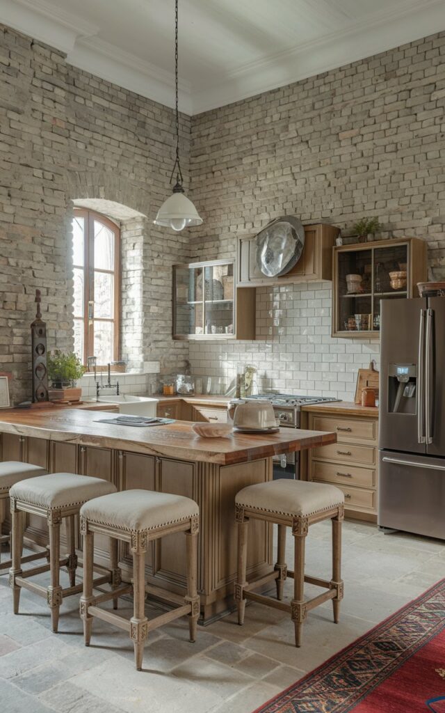 A photo of a fully furnished L-shaped rustic kitchen with a stylish luxurious island and barstools with cushions. The kitchen has a wooden countertop, a sink, and a stove. There are cabinets and a refrigerator on the other side of the room. The walls are made of brick and have a rustic texture. There is a rug on the floor.