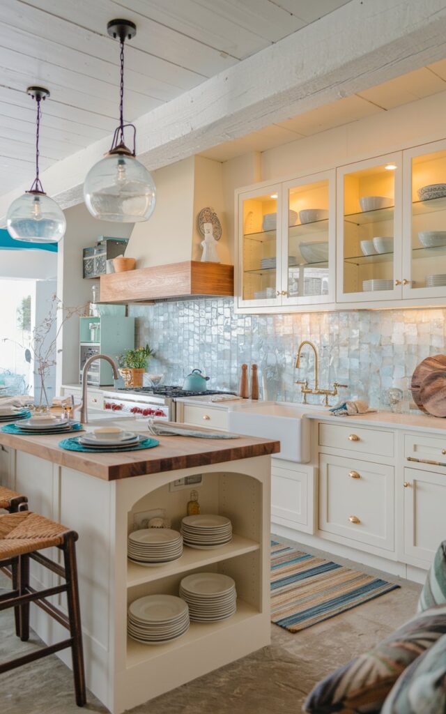 A photo of a boho-style L-shaped kitchen with an island. The kitchen has a coastal theme, with a unique backsplash made of sea glass. The island has a butcher block countertop and is equipped with a sink, faucet, and a few essential items. There are pendant lights hanging from the ceiling. The floor has a rug. The cabinets have LED lights and are used to display plates, glasses, and bowls.