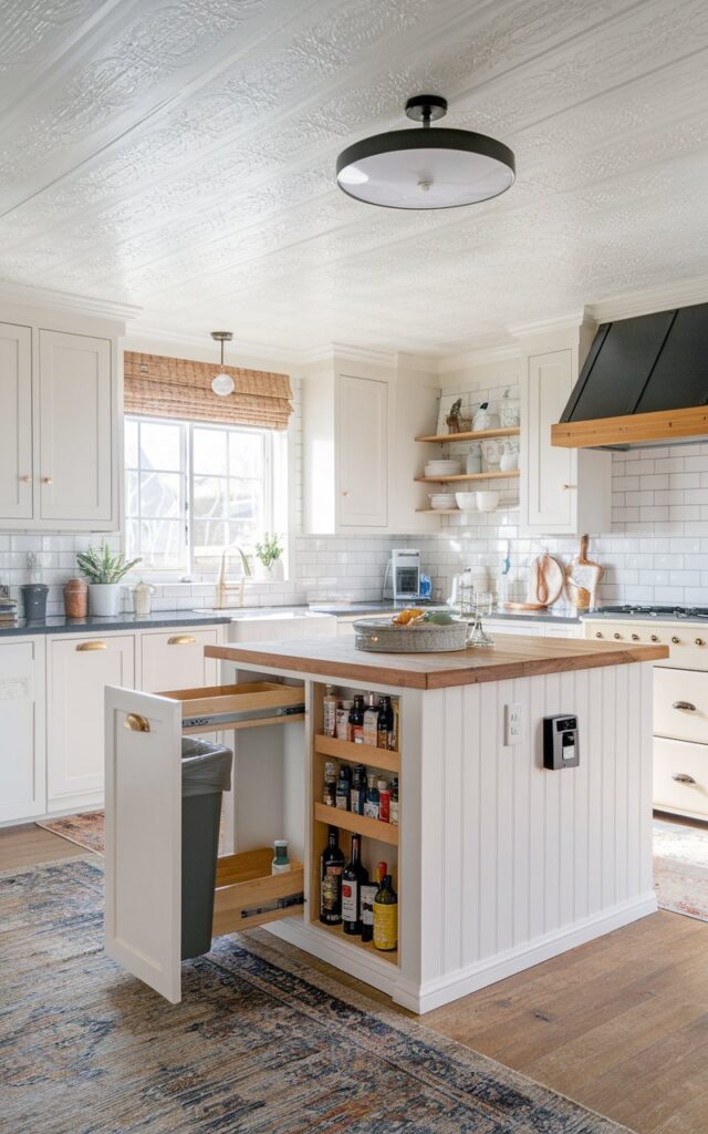 A photo of a fully furnished coastal farmhouse kitchen with an L-shaped layout and a separate island. The island has a pull-out trash bin, a built-in spice rack, and a charging point. The ceiling has wallpaper and a modern ceiling light. The floor has a rug.