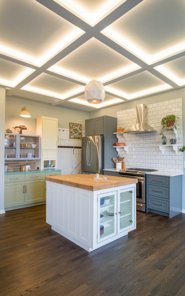 A photo of a fully furnished contemporary kitchen with a geometric-design coffered ceiling and LED lights. The kitchen has a white island with a butcher block top and a white cabinet with a glass door. There are also a few other cabinets in different colours, a refrigerator, and a stove. The floor is made of dark wood. The walls have some decorative elements, such as a hanging lamp and a few potted plants.