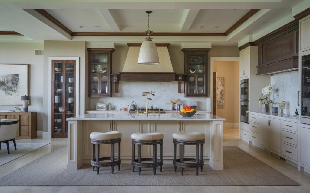 A photo of a fully-furnished modern kitchen with luxury elements. The kitchen has an island with a pendant light and stools with cushions. The cabinetry, backsplash, and ceiling have a contrasting color. There is a rug on the floor. The lighting is diffused and soft. The kitchen is part of an open-plan space.