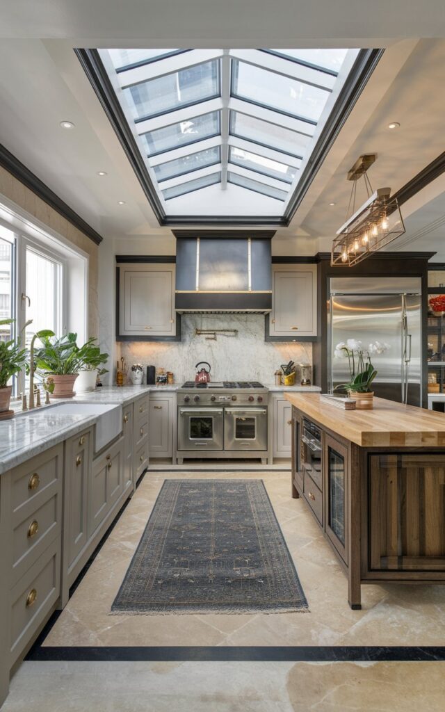 A photo of a fully-furnished modern luxurious kitchen with a skylight ceiling. The floor has a rug. There is a contrasting cabinetry, backsplash, and ceiling. The kitchen features stainless steel appliances, a marble countertop, and a wooden island. There are potted plants near the window. The lighting is bright.
