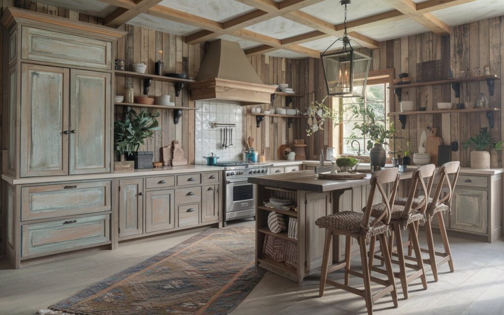 A photo of a fully furnished rustic kitchen with distressed cabinets in an earthy tone. The kitchen has a wood paneling wall, open shelves, and a vintage-inspired rug. The island has wooden bar stools with chunky knitted cushions and a lantern-glass pendant light. The ceiling has wooden beams. There is some greenery in the kitchen. The natural light is soft and diffused.