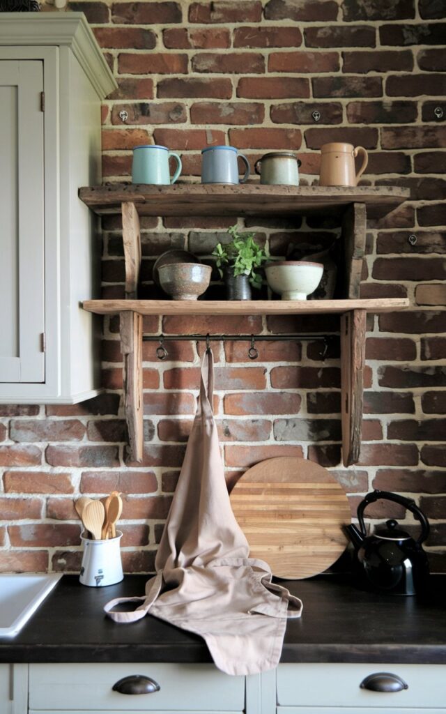 A photo of a rustic kitchen with a reclaimed wood shelf. The shelf is placed above a white cabinet. There are vintage mugs and ceramic bowls on the shelf. A tiny herb garden is also placed on the shelf. The kitchen has a beige apron, a black kettle, and a wooden cutting board on a dark countertop. The background is a brick wall with a few nails.