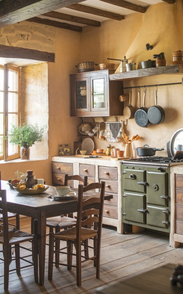 A photo of a rustic kitchen with warm, earthy tones. The kitchen is fully furnished, with a wooden table, chairs, cabinets, and a stove. There are pots and pans hanging above the table. A bouquet of fresh herbs is placed on the windowsill. The walls are made of stone. The floor is made of wood.