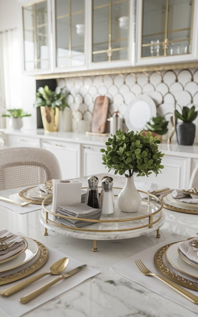 A long-shot photo of a glam and art deco kitchen with a dining table. The table has a glass and marble lazy Susan at its center, which contains napkins, salt and pepper shakers, a small plant, and a mini vase. The table also has cutlery and food. The kitchen has a white and gold color scheme, with a few decorative items and potted plants.