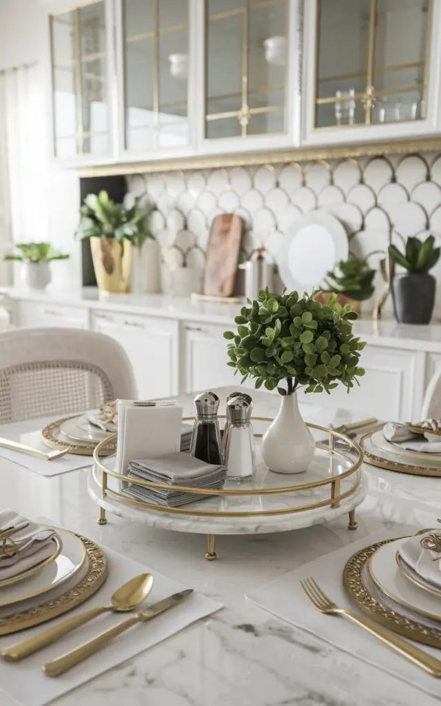 A long-shot photo of a glam and art deco kitchen with a dining table. The table has a glass and marble lazy Susan at its center, which contains napkins, salt and pepper shakers, a small plant, and a mini vase. The table also has cutlery and food. The kitchen has a white and gold color scheme, with a few decorative items and potted plants.