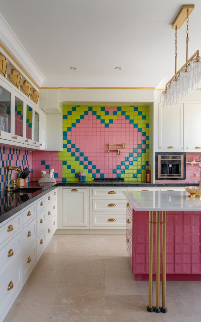 A photo of a modern kitchen with a glam aesthetic. The kitchen has a statement backsplash made of bright neon tiles in pink, green, and blue. The pink tiles form the shape of a heart. The cabinets are white and have gold hardware. The countertops are black. There is a gold light fixture hanging above the island. The island has a white marble top and is supported by gold legs. There are gold accents on the walls near the ceiling. The floor is covered with beige tiles.
