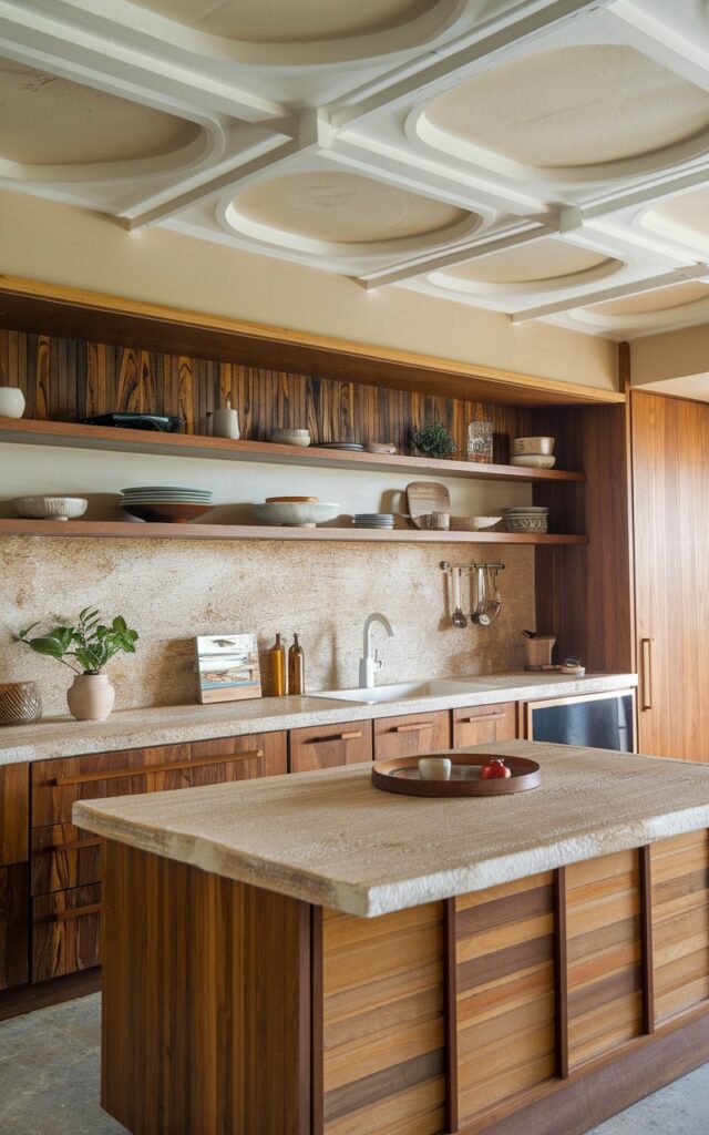 A photo of a mid-century modern kitchen with sustainable materials. The kitchen has a bamboo countertop, recycled wood cabinets, and eco-friendly stone backsplash. The ceiling and backsplash have an attractive and unique design. The kitchen has soft natural light.