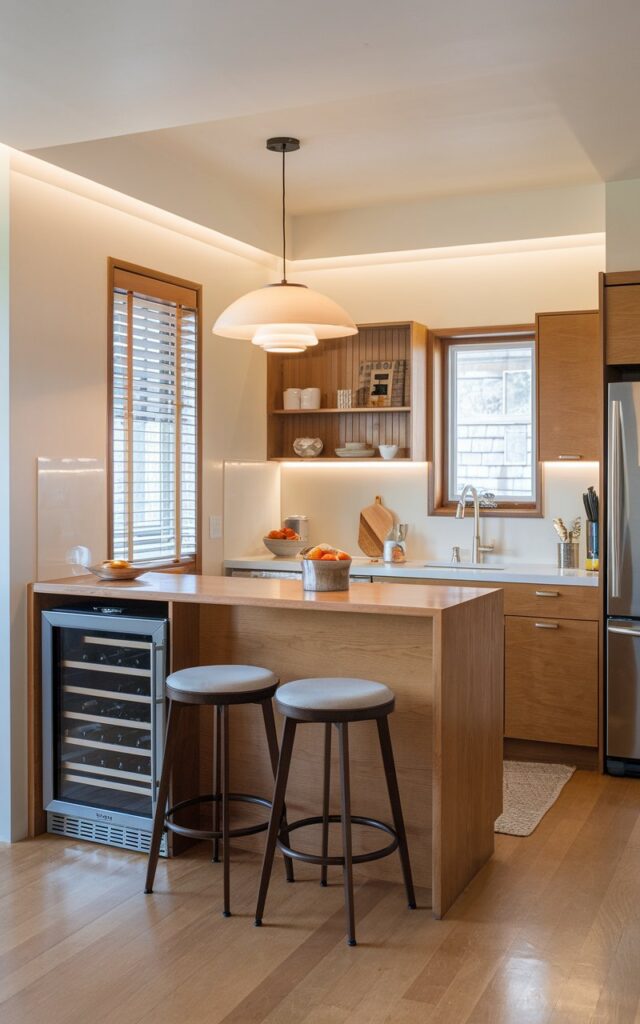 A photo of a mid-century modern kitchen. There's a bar nook with a wine fridge and two stools with cushions for seating. The bar nook has a statement pendant light. The kitchen is fully furnished with appliances and storage. There's a window with blinds near the sink and another window near the refrigerator. The floor is made of light-colored wood. The walls are painted in a light hue. The cabinets have a warm wood tone. Soft, even lighting illuminates the space.