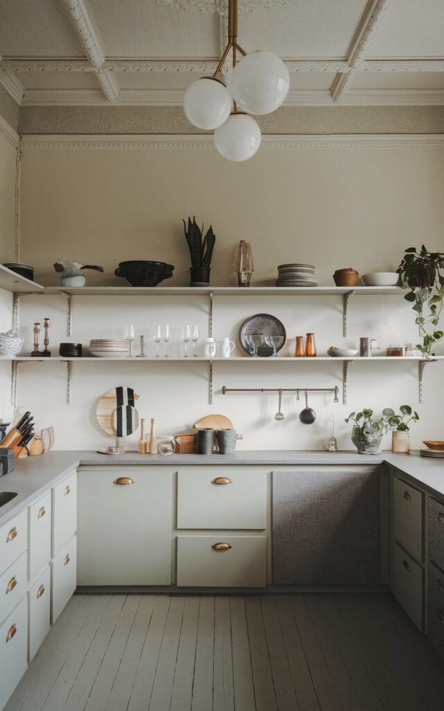A photo of a minimalistic kitchen with open shelving. There are a few stylish dishes, glassware, decor, plants, etc. The kitchen has contrasting cabinets, floor, and countertop. The ceiling has detailing, wallpaper, and a cluster globe pendant light. The natural light is soft and diffused.