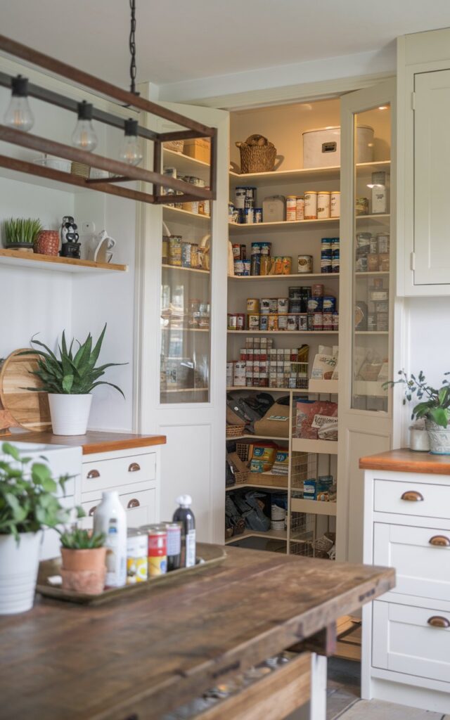 A photo of a modern English countryside kitchen with a walk-in pantry. The kitchen has a wooden island with a sink and a few appliances. There are wooden cabinets and a white fridge. The floor is tiled. The walk-in pantry has glass doors and is filled with essentials such as canned goods, dried fruits, and bags of flour and sugar. There's a basket of potatoes and onions outside the pantry. The walls have wooden shelves with potted plants.