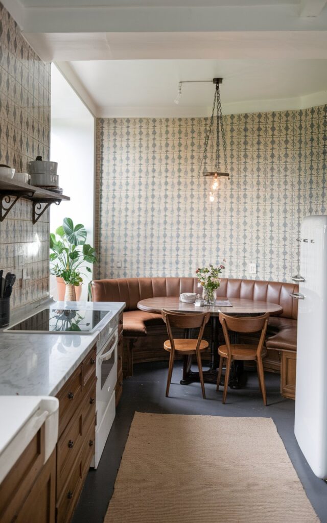 A photo of a modern French country + glam kitchen with a banquette seating. There's a large wooden table with chairs, and the banquette seating is next to the wall. The wall has a patterned tile backsplash. There's a hanging light fixture above the table. The kitchen has a sleek marble countertop, a white oven, and a white fridge. There's a potted plant near the window. The floor is covered with a beige rug.