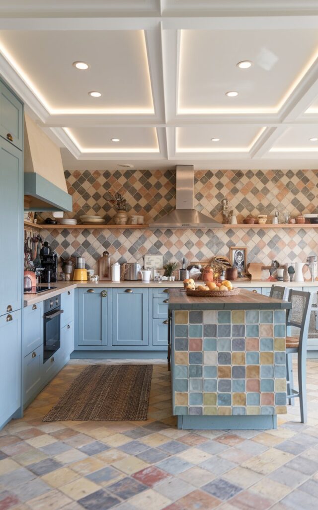 A photo of a modern French-country kitchen with an L-shape layout. The kitchen has a colorful Moroccan tile backsplash in a herringbone pattern. There is a contrasting island that is fully furnished. The floor has a rug. There is a false ceiling with LED mount lights. The natural light is soft and even.