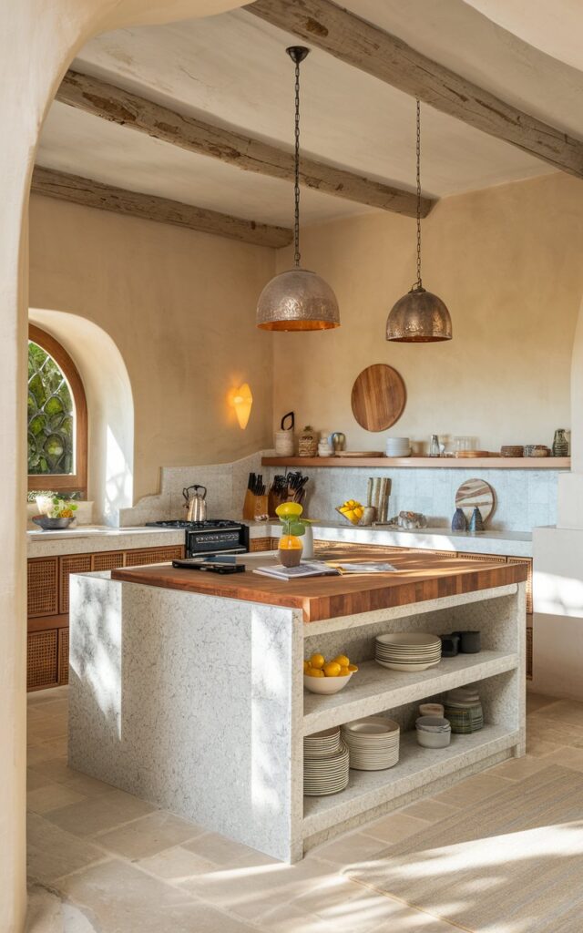 A photo of a modern Mediterranean kitchen with an L-shape layout. The kitchen has a quartz island with a butcher block countertop. The kitchen, island, floor, and ceiling are fully furnished. There's a closer view of the butcher block countertop, which has essentials like a knife, a cutting board, and a lemon. The lighting is warm and natural.