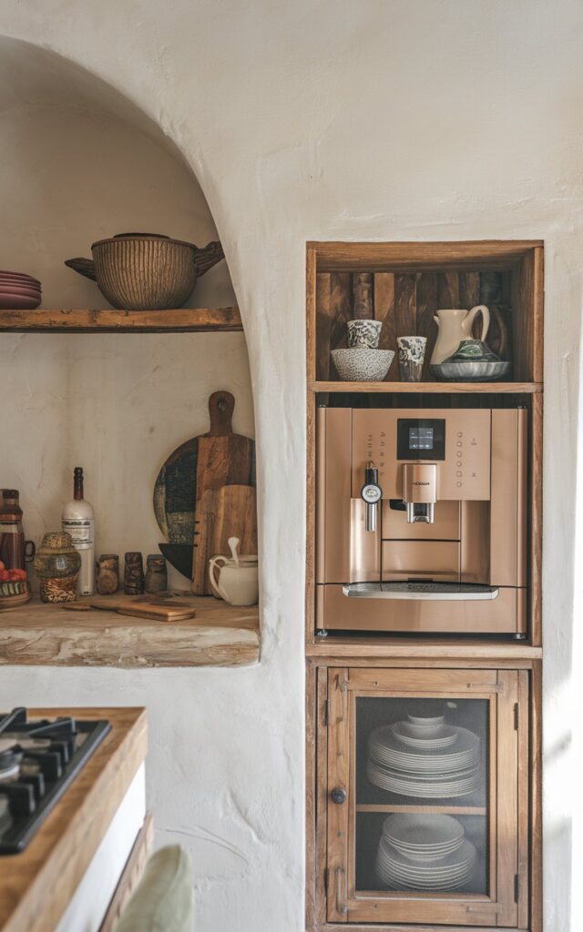 A photo of a modern Mediterranean and rustic kitchen with a unique backsplash and a luxurious built-in coffee machine inside a cabinet. The countertop has other essentials. The natural light is soft and filtered.