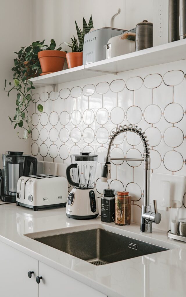 A photo of a modern Scandi kitchen with a touchless, smart faucet and a unique backsplash. The countertop is fully furnished, with a toaster, a coffee maker, a blender, and a few other appliances. There are also potted plants and a few items on the countertop. The overall design is clean and minimalist.