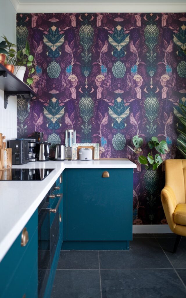 A photo of a modern art deco style kitchen with a bold, statement wall in rich jewel tones. The wall has a pattern of prints in shades of purple, blue, and green. The kitchen is fully furnished, with a white countertop, black appliances, and a few potted plants. There is a yellow chair in the corner. The floor is made of dark grey tiles.