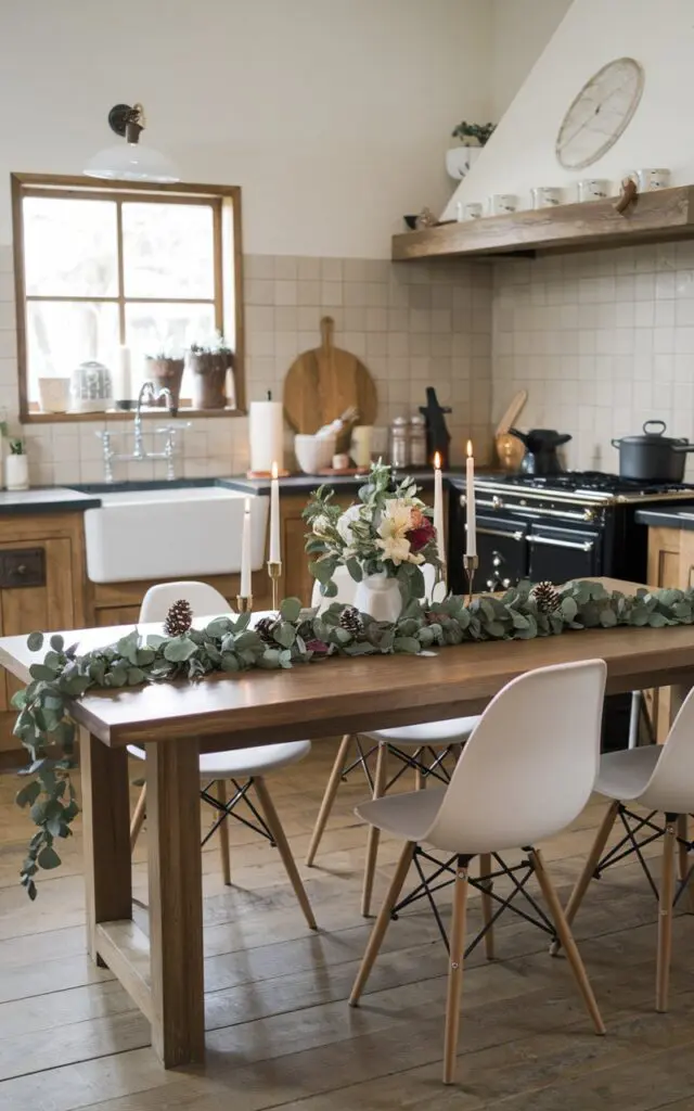 A photo of a modern chic and rustic kitchen with a dining table. The table has a eucalyptus garland at its center. There are candles, pinecones, and flowers on the table. The kitchen has wooden elements, a white sink, and a black stove. The walls have beige tiles. The floor has wooden planks.