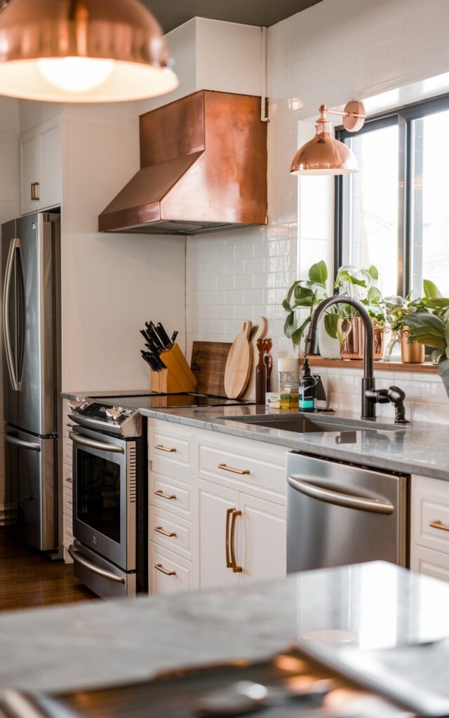 A photo of a modern kitchen with a mix of metal finishes. There's a brass handle on a white cabinet and a matte black faucet. Above the sink, there's a copper pendant light. The kitchen has stainless steel appliances, including a refrigerator, oven, and dishwasher. The countertops are made of grey marble. There are potted plants near the window. The lighting is soft, with a warm hue.