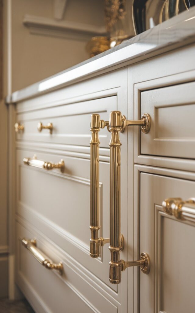 A photo of a modern luxurious Victorian kitchen with matte finish gold cabinet hardware. The photo is focused on the cabinet hardware, including the knobs and handles. The knobs have a curved, decorative design, and the handles are long and slender. The background contains a white cabinet and a beige wall. The lighting is soft.