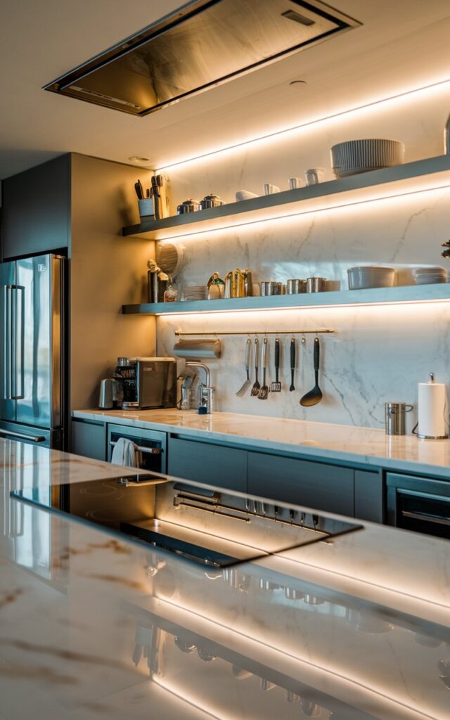 A photo of a luxurious modern kitchen with open shelving and LED lighting. The kitchen has a sleek design with a marble countertop, stainless steel appliances, and a white backsplash. There are various kitchen tools and utensils on the open shelves. The LED lighting illuminates the kitchen, casting a warm glow on the marble countertop and the stainless steel appliances.