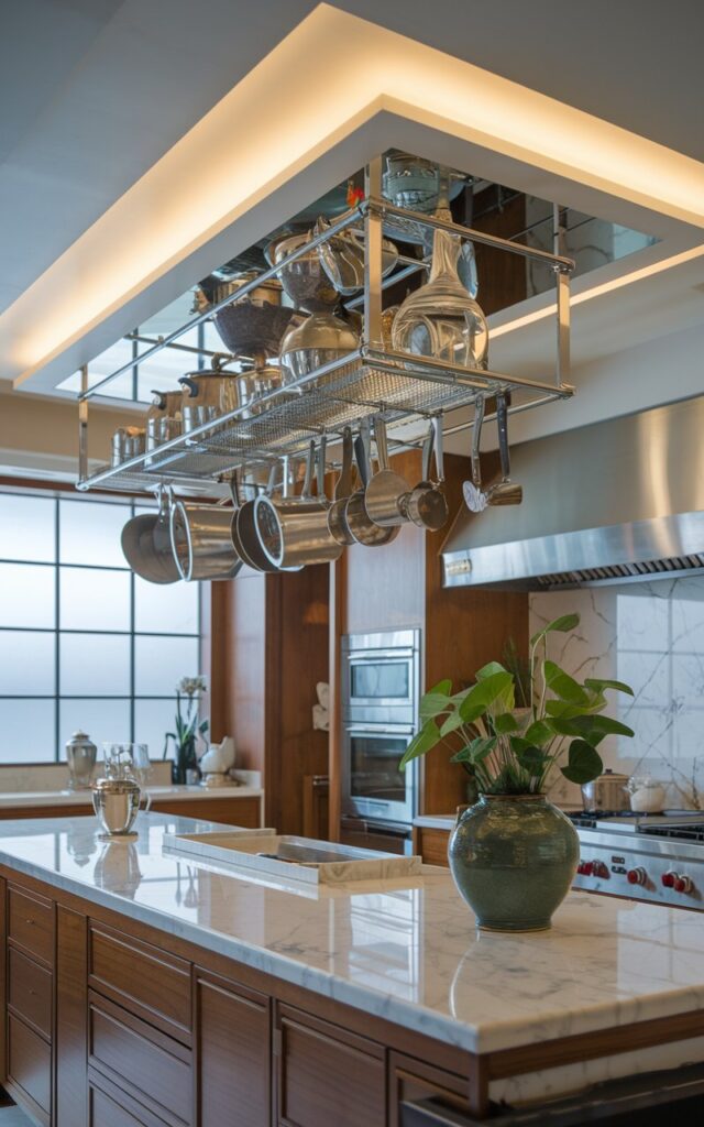 A photo of a modern luxury kitchen with a stylish ceiling-mounted pot rack filled with various vessels. The kitchen is fully furnished, with a marble countertop, stainless steel appliances, and wooden cabinets. There is a green plant in a ceramic pot on the counter. The overhead lighting casts a soft glow. The background contains a window with frosted glass.