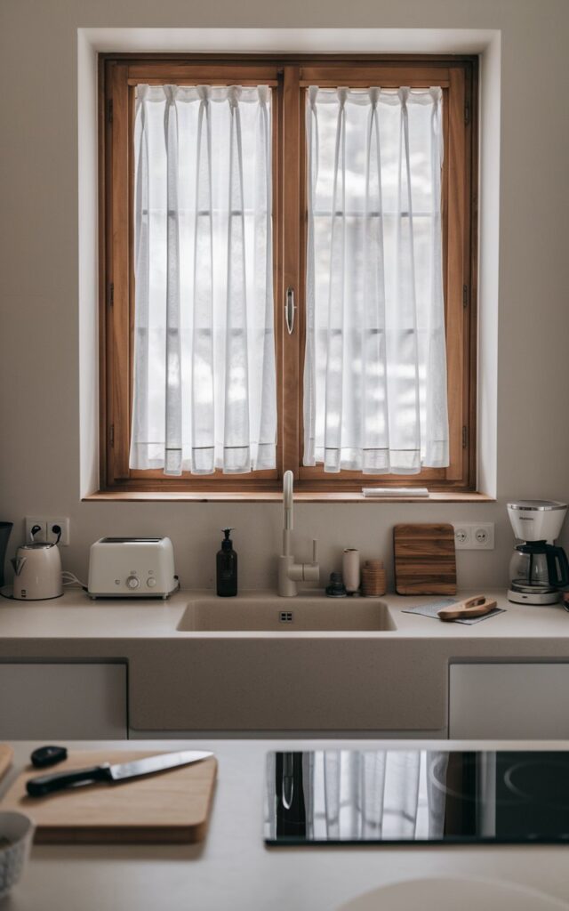 A mid-shot photo of a modern minimalist kitchen with a seamless sink that blends with the countertop. There is a wooden window above the sink with sheer curtains. The kitchen and countertop are fully furnished with a toaster, a kettle, a coffee maker, a cutting board, a knife, and a few other items. The lighting is soft and diffused.