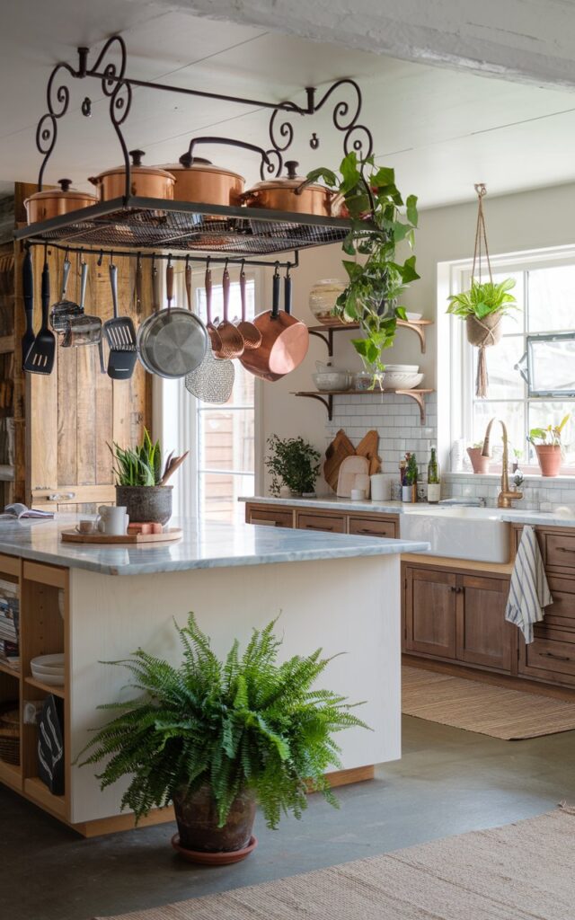 A photo of a modern rustic and Boho kitchen with a stylish wrought-iron pot rack above the island. The pot rack is filled with copper and cast-iron pans and utensils. There are a few plants in the kitchen, including a potted fern on the floor and a hanging plant near the window. The kitchen has wooden cabinets, a marble countertop, and a white island. The floor is covered with a beige rug. The room has natural lighting.