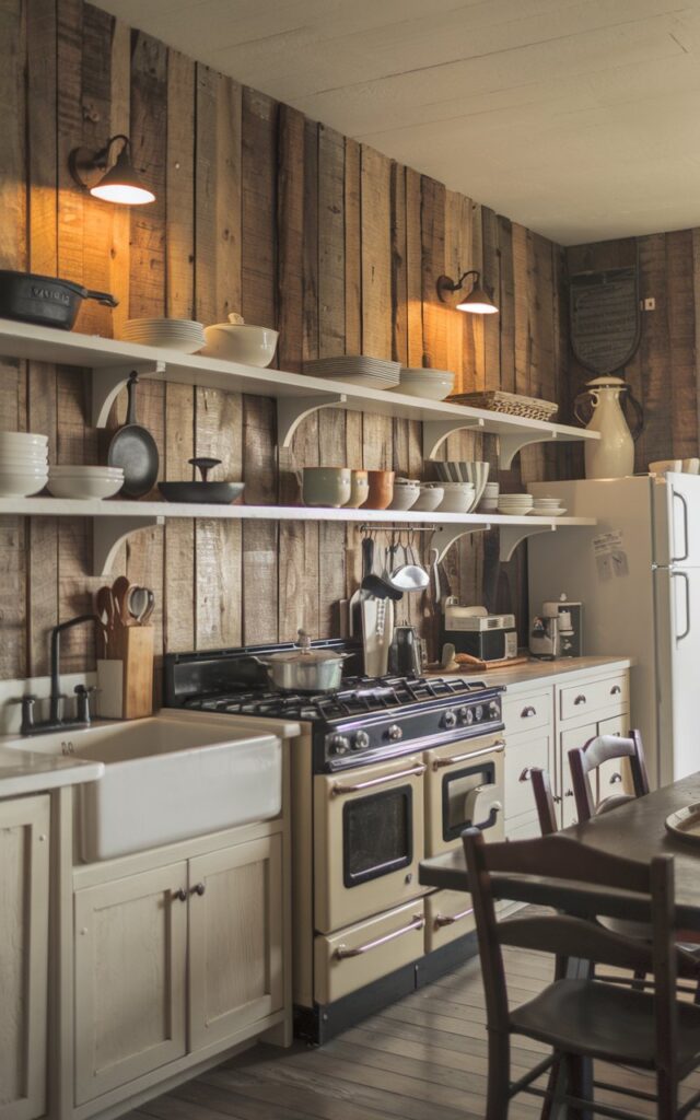 A photo of a farmhouse-style kitchen with rustic wood paneling on the wall and open shelving. There are vintage accents, such as a cast iron skillet and a wooden spoon, placed on the shelves. The kitchen is fully furnished, with a stove, oven, refrigerator, and sink. A table with chairs is placed near the wall with the wood paneling. The lighting is warm, with wall sconces illuminating the wood paneling.
