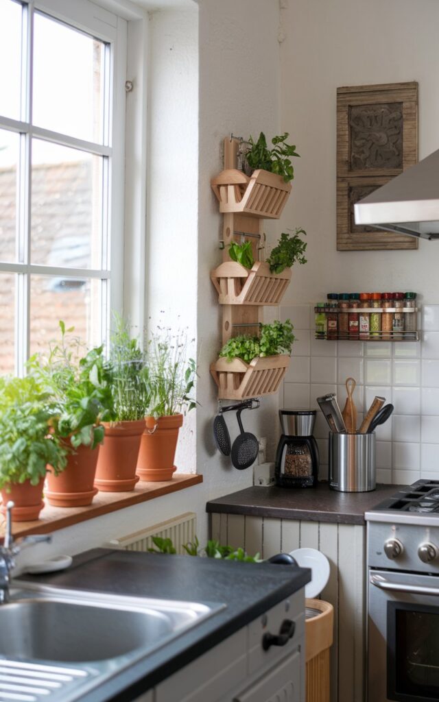 A photo of a modern rustic farmhouse style kitchen. There are fresh herbs in terracotta pots placed on the windowsill. There is a 3-tier wooden herb rack on the wall, and a few spices are also mounted on the wall. The kitchen has other essentials, including a stove, oven, sink, and cabinets.