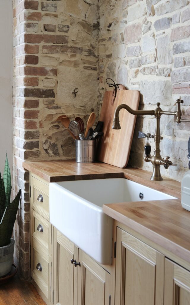 A photo of a modern rustic kitchen with an antique brass pot filler faucet. The countertop is furnished with a white sink, a wooden cutting board, and a few kitchen utensils. The backsplash is made of stone and brick. There is a potted plant in the corner. The floor is made of wood.